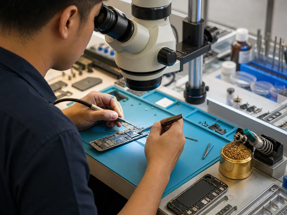 WikiMobi technician micro-soldering a smartphone logic board under a microscope